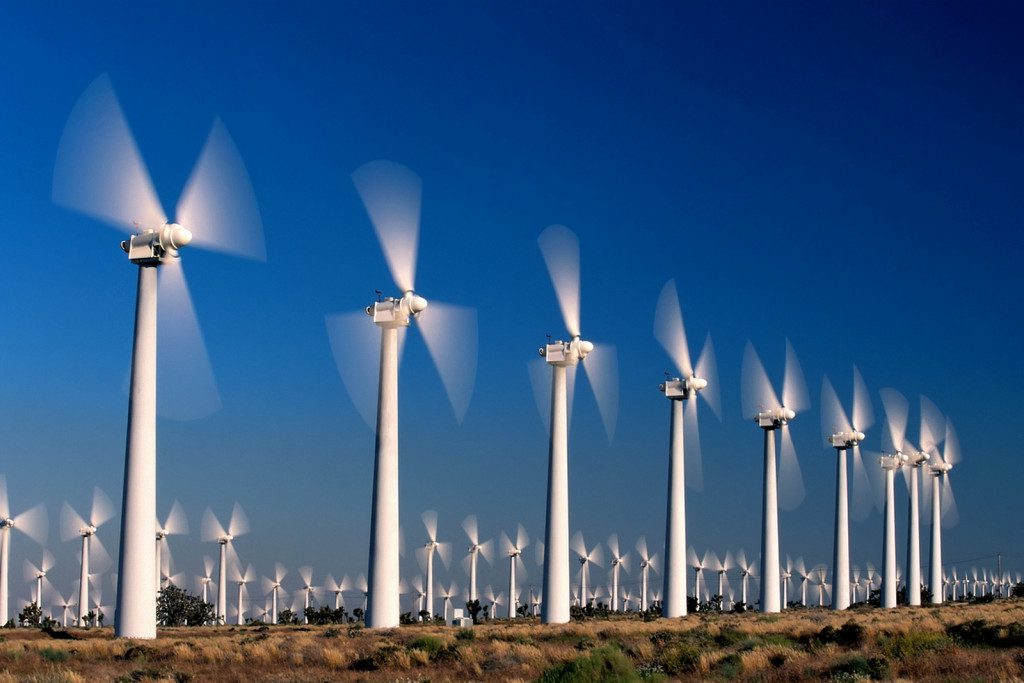 A field of wind turbines against a blue sky